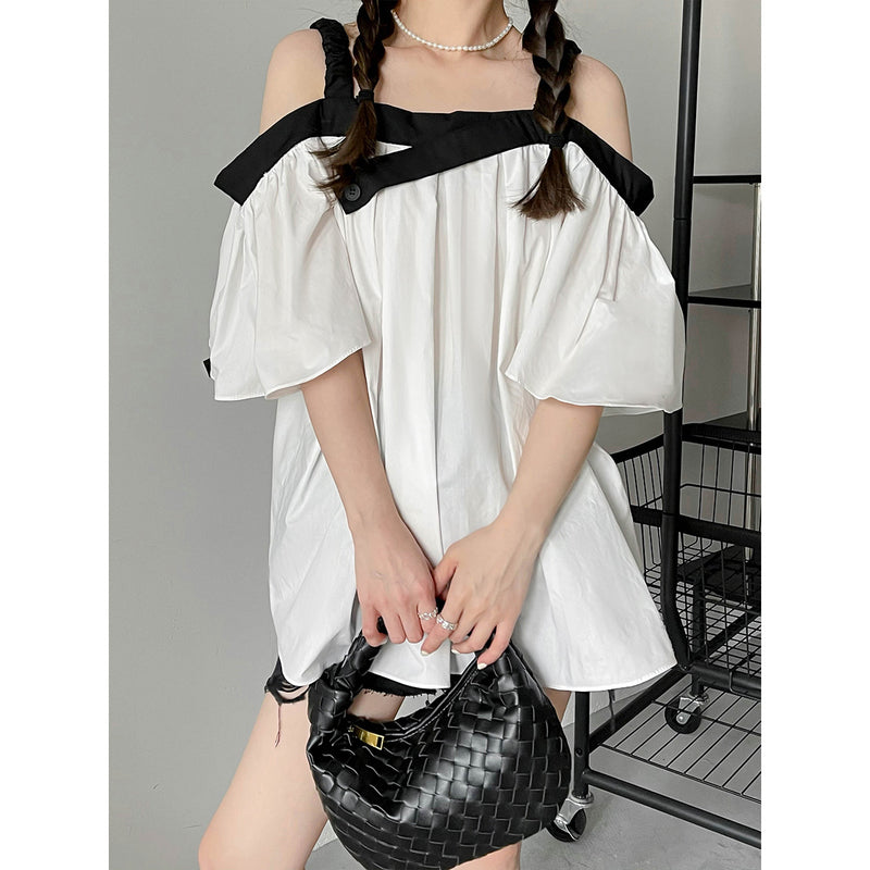 Kim Kardashian Marilyn Monroe Dress Summer off-Shoulder Solid Color French Loose Short Sleeve Shirt