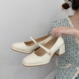 Nude Block Heel Sandals Chunky Heel Mary Jane Leather Shoes
