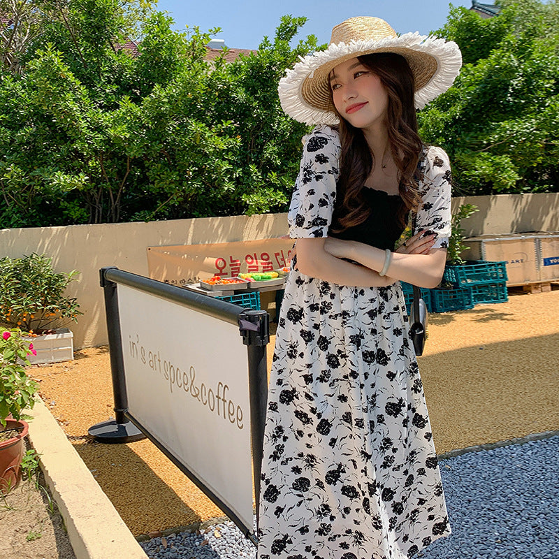 Black and White Dress Summer French Square Collar Rose Print Long Dress