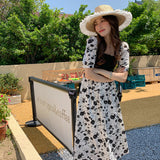 Black and White Dress Summer French Square Collar Rose Print Long Dress