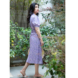 Vintage Empire Waist Dress Retro V-neck Purple Floral Dress Summer