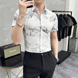 Men's Shirts Men's Printed Shirt Summer Digital Printing Lapel Yarn-Dyed Fabric Slim Fit