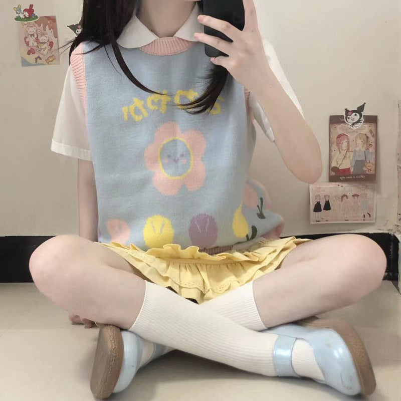 Gothic Lolita Harajuku Style Clothing College Style Blue Pink Little Flowers Sweater Vest