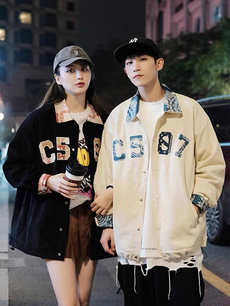 Corduroy Patch Jacket Spring and Autumn Baseball Uniform Baggy Casual Jacket Corduroy Jacket
