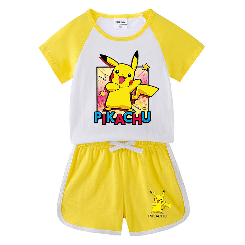 Children Pokemon Pikachu Tshirts & Shorts Short-Sleeved T-shirt Shorts Casual Sports Two-Piece Neutral