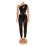 Kesha Black Dress Beauty Clothing Fashion Sexy Mesh See-through Irregular Top Two-Piece Set