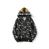 Shark Print Hoodie Spring and Autumn Shark Head Embroidery Digital Pixels Camouflage Hooded Sweater Terry Coat