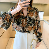 Beth Dutton Outfits Floral Lantern Sleeve Chiffon Shirt Shirt Women's Fall Lapels Floral Long Sleeve Shirt