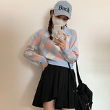 Preppy Aesthetic Outfits Diamond Plaid Contrast Color Cropped Pullover Sweater