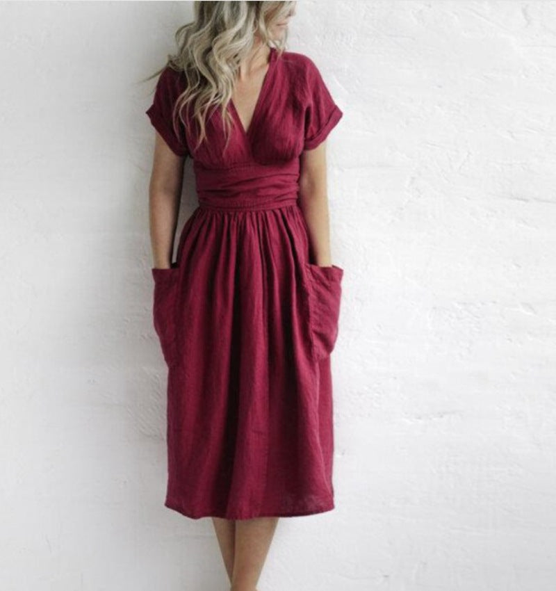 Work Dresses with Pockets Women's V-neck Short Sleeve Pocket Solid Color Dress