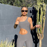 Summer Women's High Waist Slant Shoulder Hollow-out Tight Sports Casual Jumpsuit