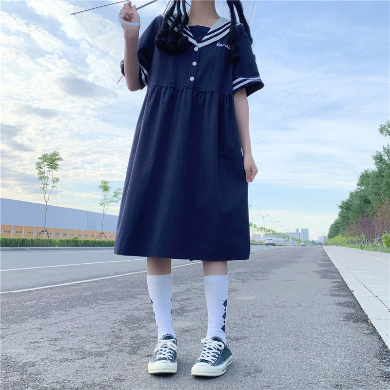 Gothic Lolita Harajuku Style Clothing College Style Girl Sailor Collar Sailor Suit Gathers Short Sleeve Dress