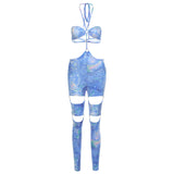 Summer women's sexy hollow-out halter lace-up metal buckle high waist tight sports jumpsuit
