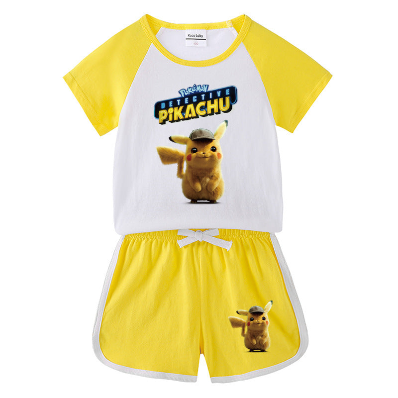 Children Pokemon Pikachu Tshirts & Shorts Short-Sleeved T-shirt Shorts Casual Sports Two-Piece Neutral