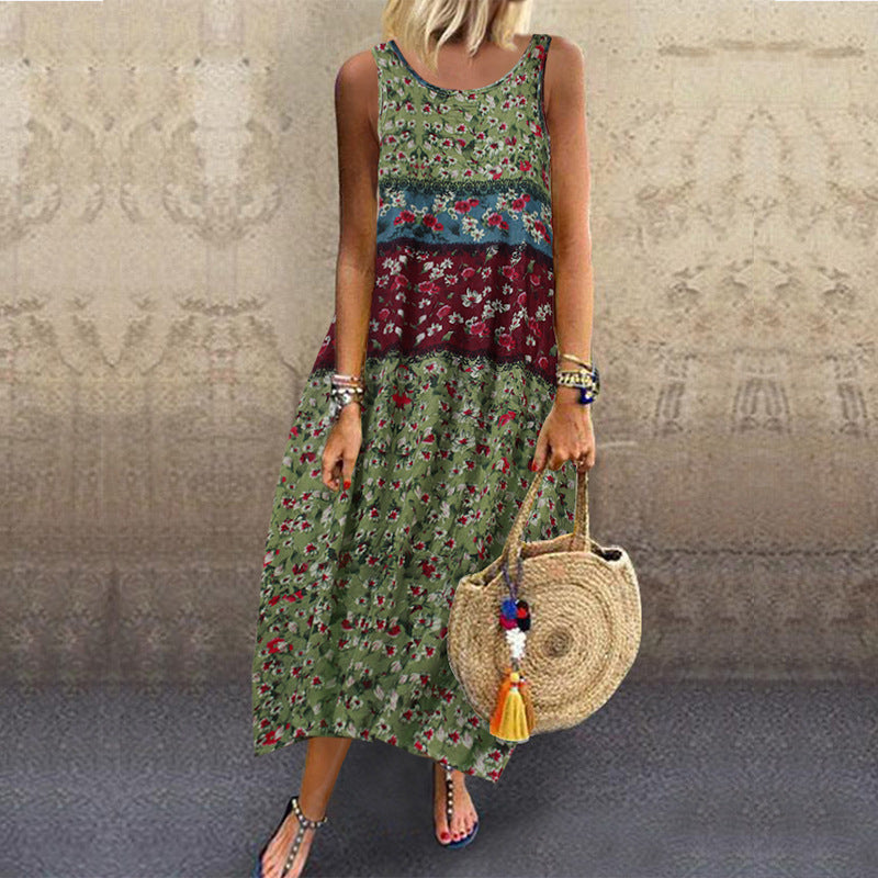 Women Plus Size Maxi Dressese Vest Lantern Dress Printed Loose Sleeveless Dress