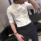Men Shirts Slim-Fit Half-Sleeve Striped Stand-up Collar Shirt