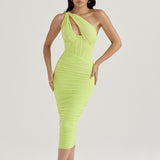 Emily Ratajkowski Dress Mesh Shoulder Hollow Steel Ring Pleated Backless Dress