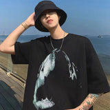 Present T Shirt Shark Vintage Print Distressed round Neck Loose