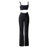 Women Bodycon Dress Spring/Summer Black Two-Piece Set Fashion Suspenders Top Bell-Bottom Pants