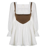 Vintage Empire Waist Dress Vintage Contrast Color Waist Square Collar Puff Sleeve Dress
