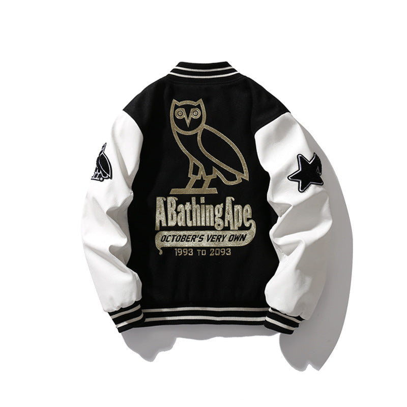 BAPE Varsity Jacket Japanese Fashion Brand Ape Head Joint Name Cat Avatar Bronzing Owl Jacket Cotton-Padded Coat