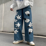 Anime Print Jeans Denim Pants for men Printed Straight Wide-Leg Pants