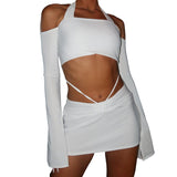 Women Top & Skirt 2 Piece Set Autumn Long Sleeve Backless T-shirt Slim Fit Sheath Skirt Suit