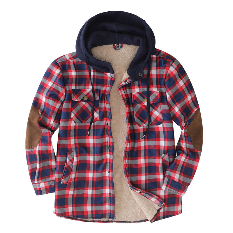 Mens Flannel Jacket with Hoodie Autumn and Winter Plaid, Brushed Warm Shirt Jacket Hoodie
