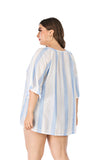 Women Plus Size Tops Summer Loose-Fitting Tassel Drawstring Stripes Half Sleeve Shirt