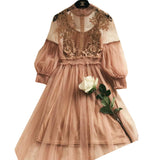 Fairy Dress Stand-Collar Gauze Three-Dimensional Women's High Waist Hollow-out Dress Lantern Lace