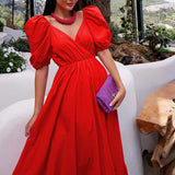Women Bohemian Dress Women's Summer Fashion Short Sleeve V-neck Solid Color