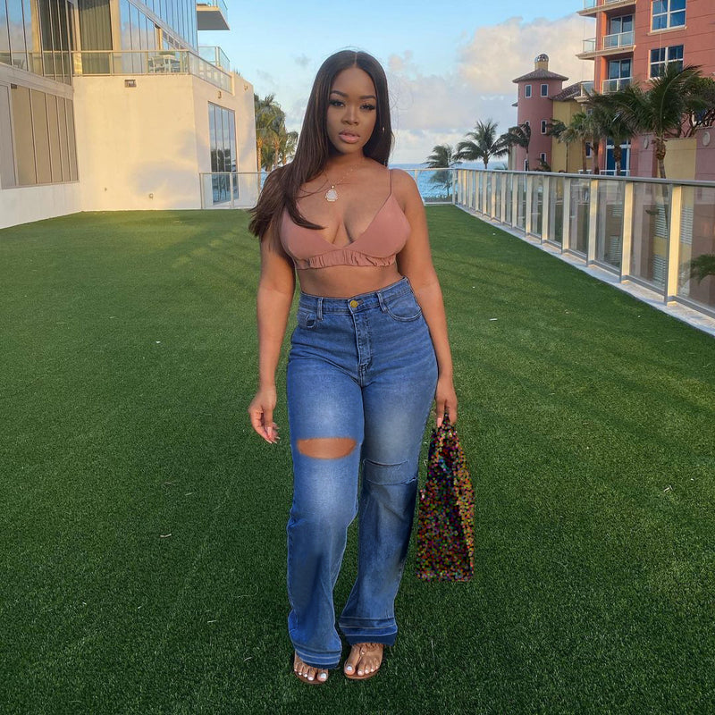 Women Plus Size Jeans High Waist Ripped Leisure Denim Straight-Leg Pants