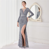 Sequin Evening Dress Elegant Long Style Long Sleeve Sequined Evening Dress
