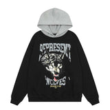 Present Hoodie Wolf Head Printed Patchwork Hoodie
