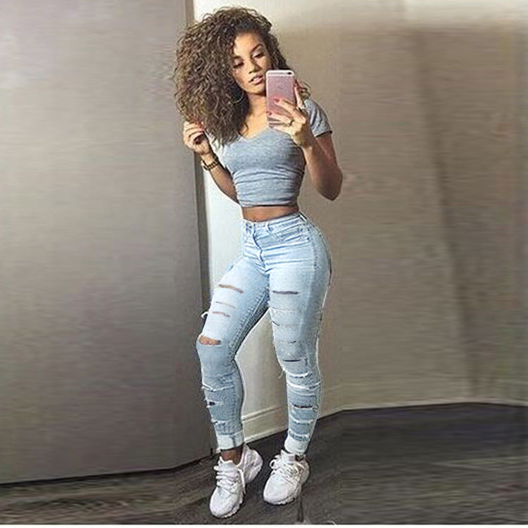 Women Plus Size Jeans Fashion Ripped Denim Skinny Pants