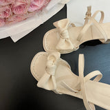 Nude Block Heel Sandals Bowknot Chunky Heel Sandals