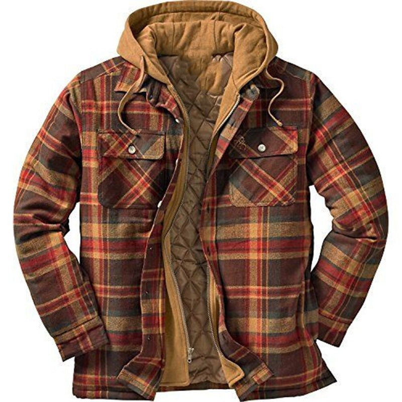 Mens Flannel Jacket with Hoodie Autumn Thickened Cotton-Padded Coat Plaid Long Sleeve Hooded Hooded Jacket Coat