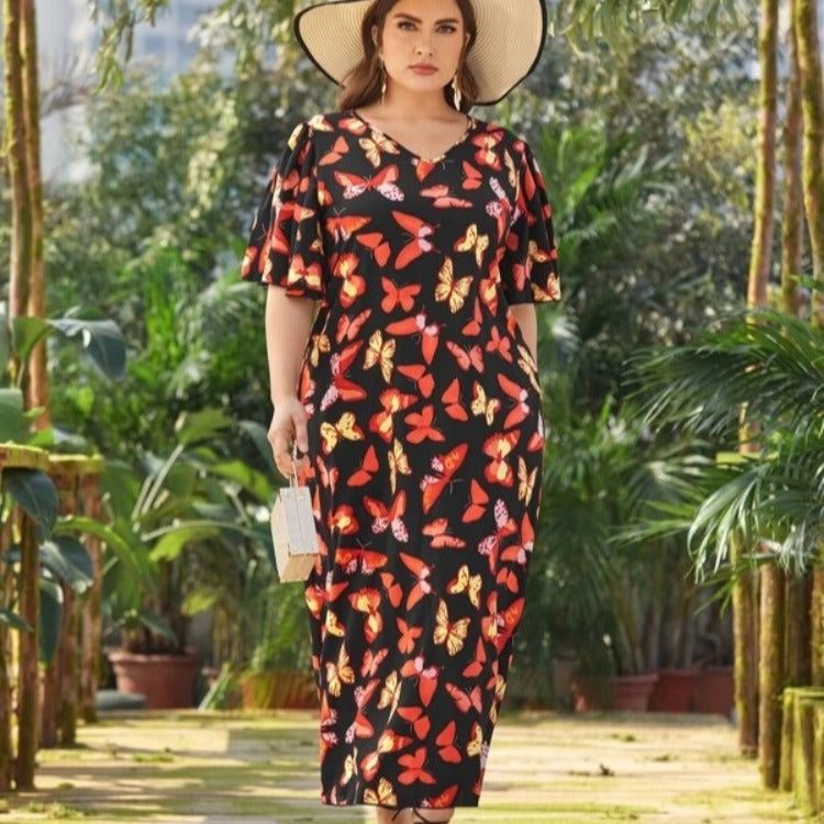 Women Plus Size Maxi Dressesv Collar Printed Butterfly Short Sleeve Dress