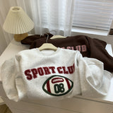 Diana Harvard Sweatshirt Vintage Towel Embroidery Fleece-Lined Crew Neck Sweater Pullover Top