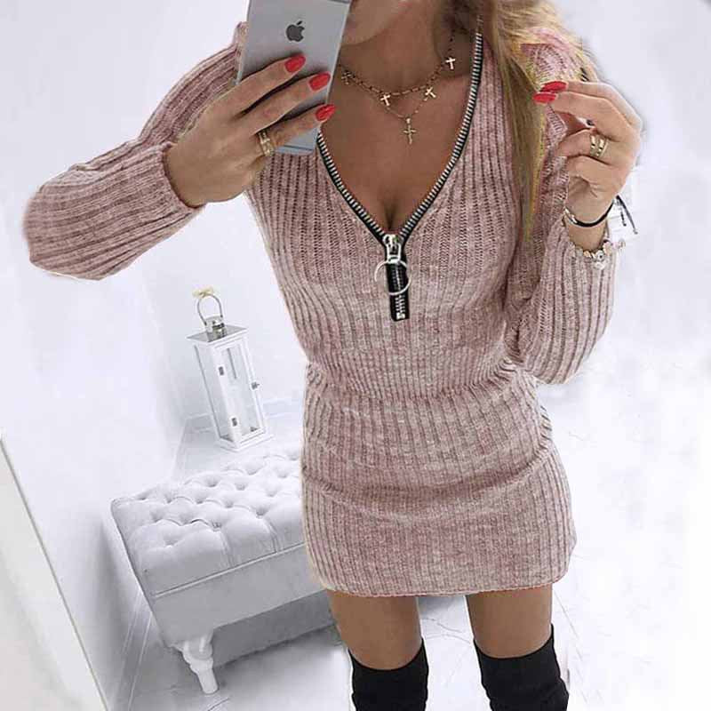 Sweater Dress Outfit With Tights 2 Piece Set Autumn and Winter Women's Zipper Long Sleeve Knitted Sheath Dress