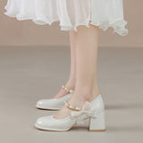 Nude Pumps Block Heel Mary Jane Women's Shoes Bow Thick Heel Leather Shoes