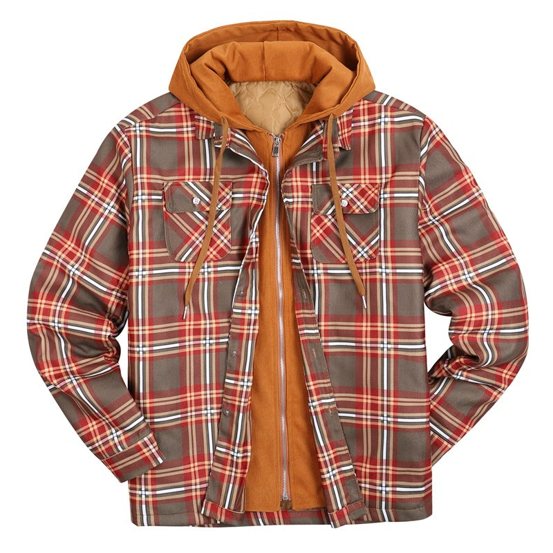 John Dutton Jacket Autumn and Winter Plaid Jacket Long-Sleeved Hooded Fake Two Pieces Cotton Padded Coat Men