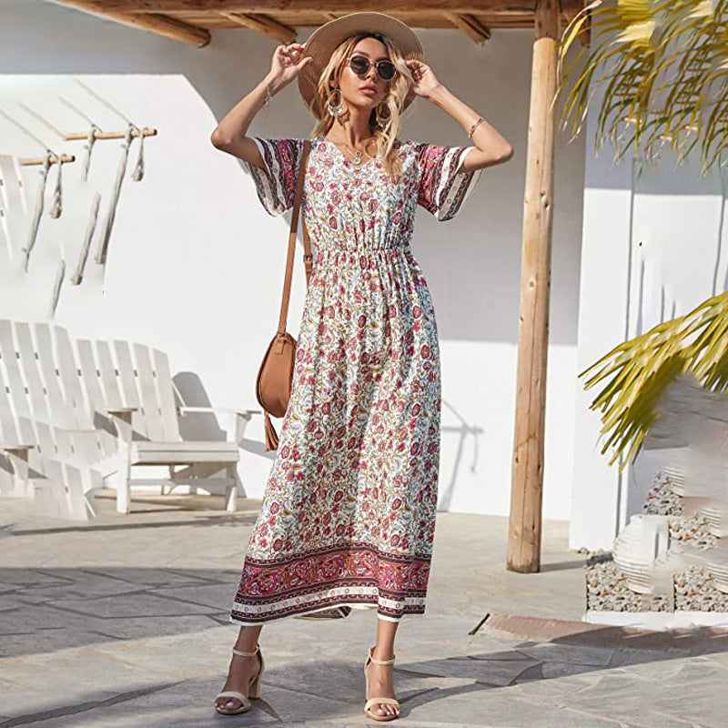 Beth Dutton Bohemian Dress Summer Spring Midi Dresses V-neck Waist Trimming Printing Vacation Beach Dress