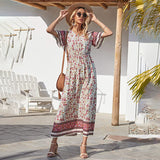 Beth Dutton Bohemian Dress Summer Spring Midi Dresses V-neck Waist Trimming Printing Vacation Beach Dress
