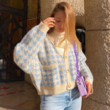 Preppy Aesthetic Outfits Plaid Knitted Coat Women's V-neck Knitted Sweater Women's Casual Coat