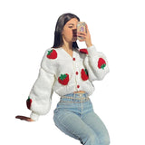 Women Coats Autumn and Winter Single-Breasted V-neck Knitted Cardigan Strawberry Long-Sleeved Sweater