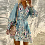 Women Bohemian Dress Summer Women's Long Sleeve V-neck Loose Dress