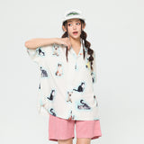 After Prom Shirt Summer Shirt Cat Printing Shirt Women's Cute Japanese Style Short Sleeve