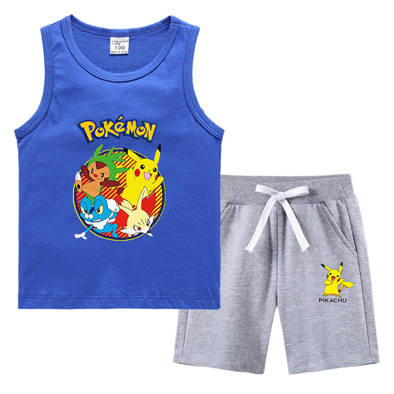Children Pokemon Pikachu Tshirts & Shorts Summer Vest Middle Pants Sports Casual Thin Sleeveless Two Pieces