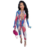 Autumn Sexy Hollow Mesh Printing High Waist Tight Sports Casual Jumpsuit